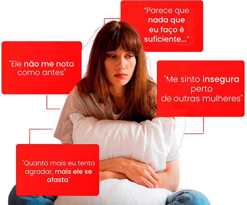 Frases dos balões - Parece que nada que eu faço é suficiente, Ele não me nota como antes, Me sinto insegura perto de outras mulheres, Quanto mais eu tento agradar, mais ele se afasta